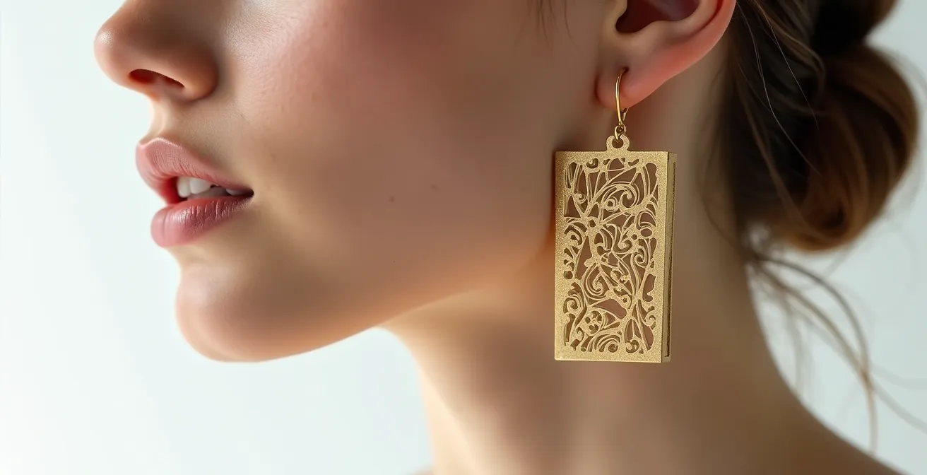 Gros plan sur des pendants d'oreilles rectangulaires ajourés en métal doré
