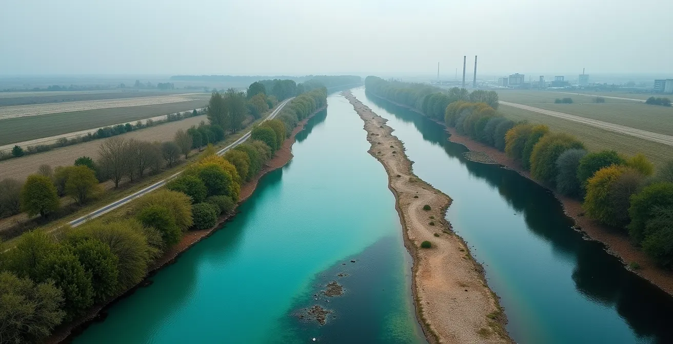 Impact environnemental de l'extraction de métaux pour la bijouterie montrant un contraste entre une rivière propre et des rejets industriels colorés.