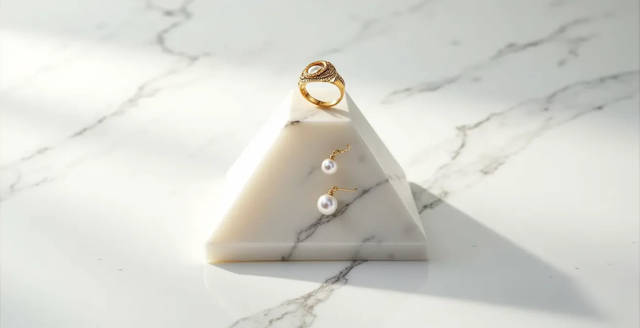 Composition minimaliste montrant trois bijoux belges disposés en pyramide sur marbre blanc