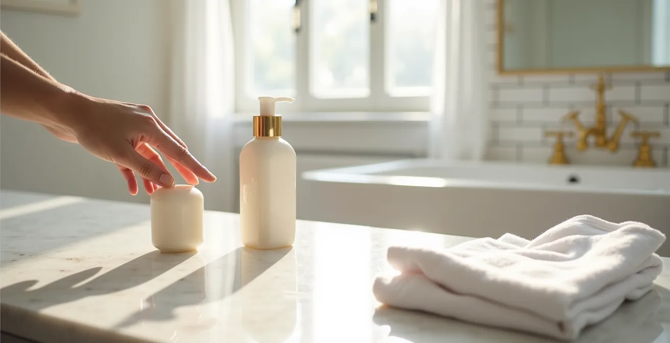 Démonstration visuelle de la quantité idéale de lait corps pour éviter le peluchage