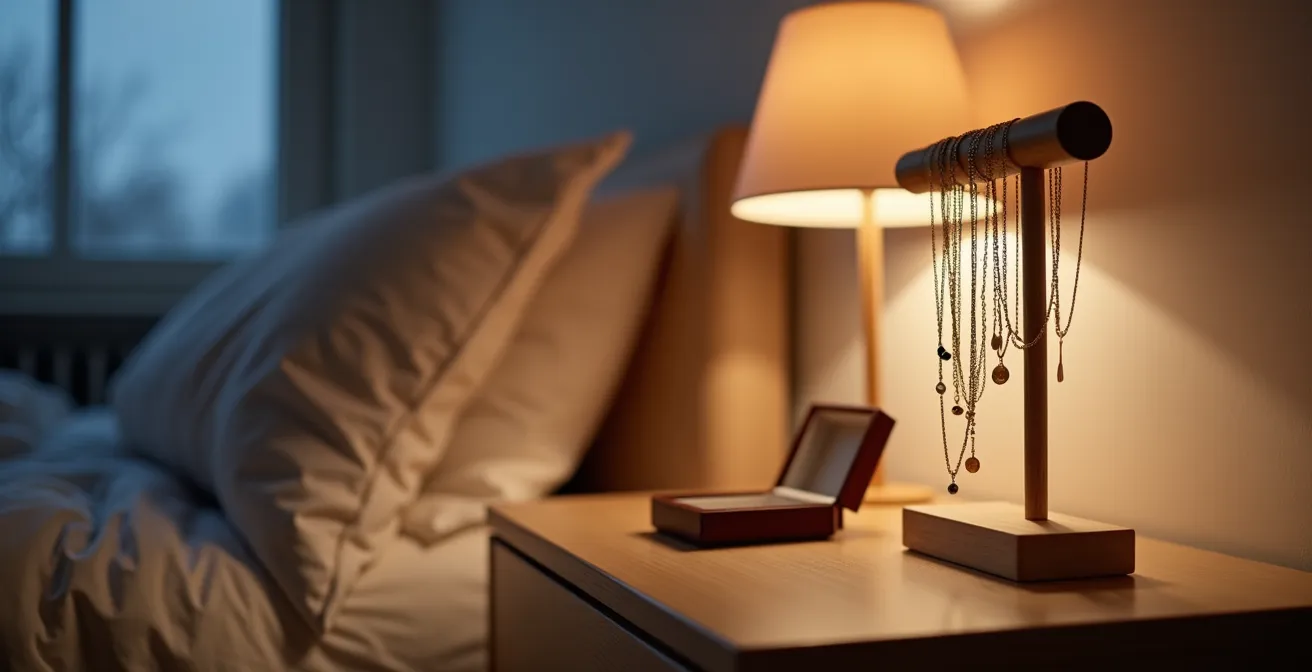 Arrangement élégant de chaînes fines sur support en velours pour rangement nocturne