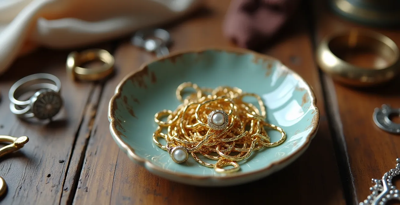 Vue macro détaillée de bijoux organisés dans des compartiments vintage en bois, avec des chaînes dans une coupelle et des bagues sur du velours.
