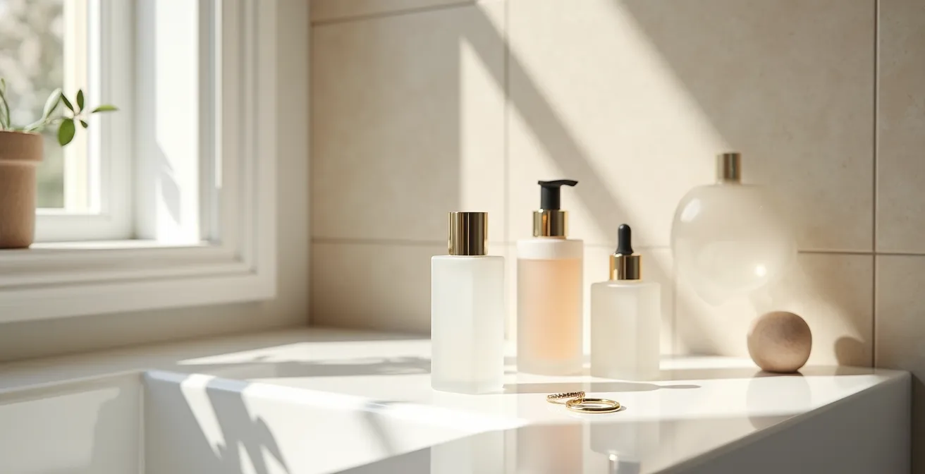 Composition épurée de flacons cosmétiques minimalistes sur fond neutre belge