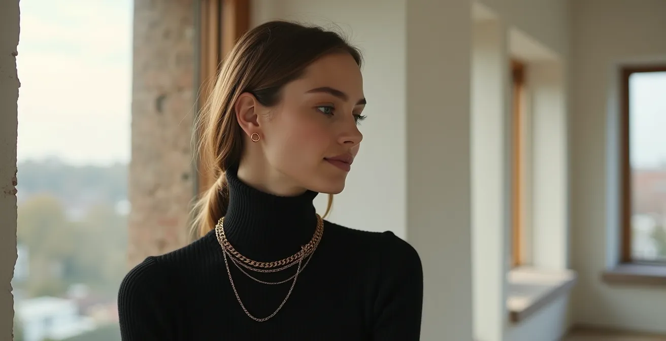 Portrait d'une femme portant un sautoir fin doré sur un col roulé noir dans un décor minimaliste