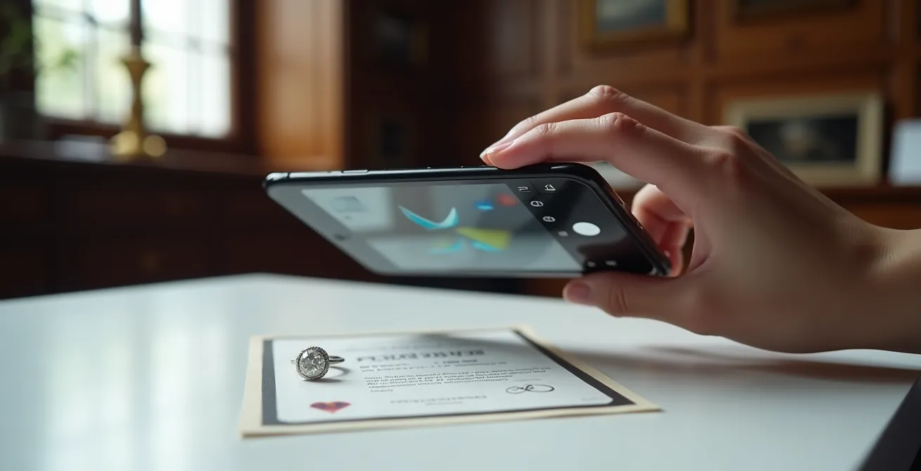 Smartphone photographiant un diamant sur certificat avec application d'assurance en arrière-plan flou
