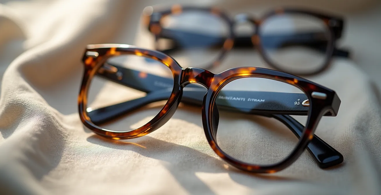 Détail macro de différentes textures et matériaux de montures de lunettes design belges