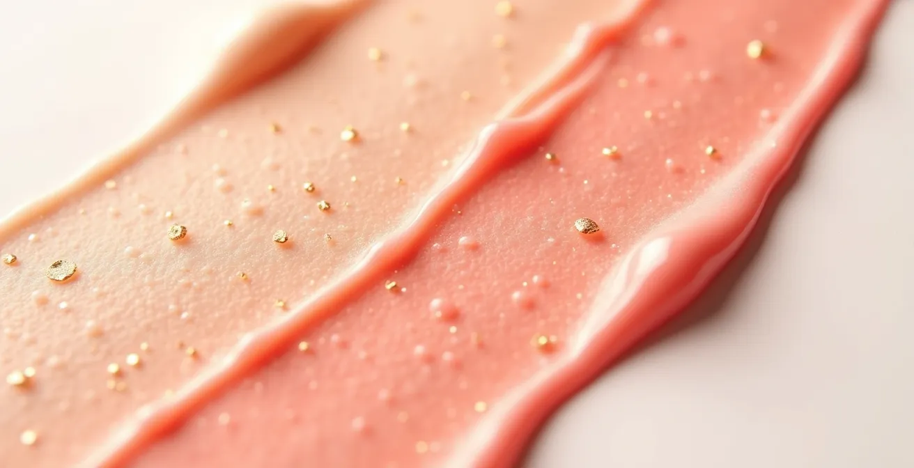 Gros plan sur texture crémeuse d'un stick multifonction corail avec reflets dorés