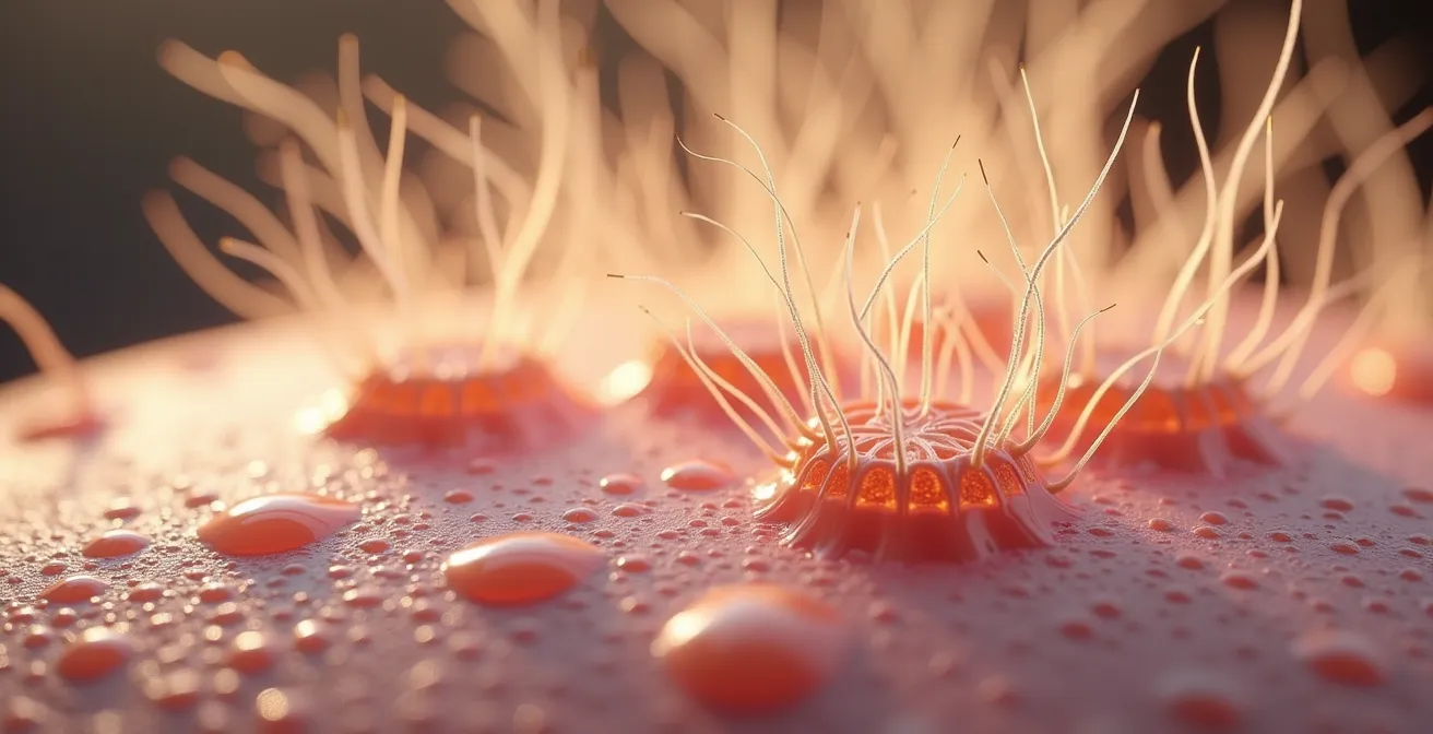 Vue macro du cuir chevelu sous stress montrant la vasoconstriction