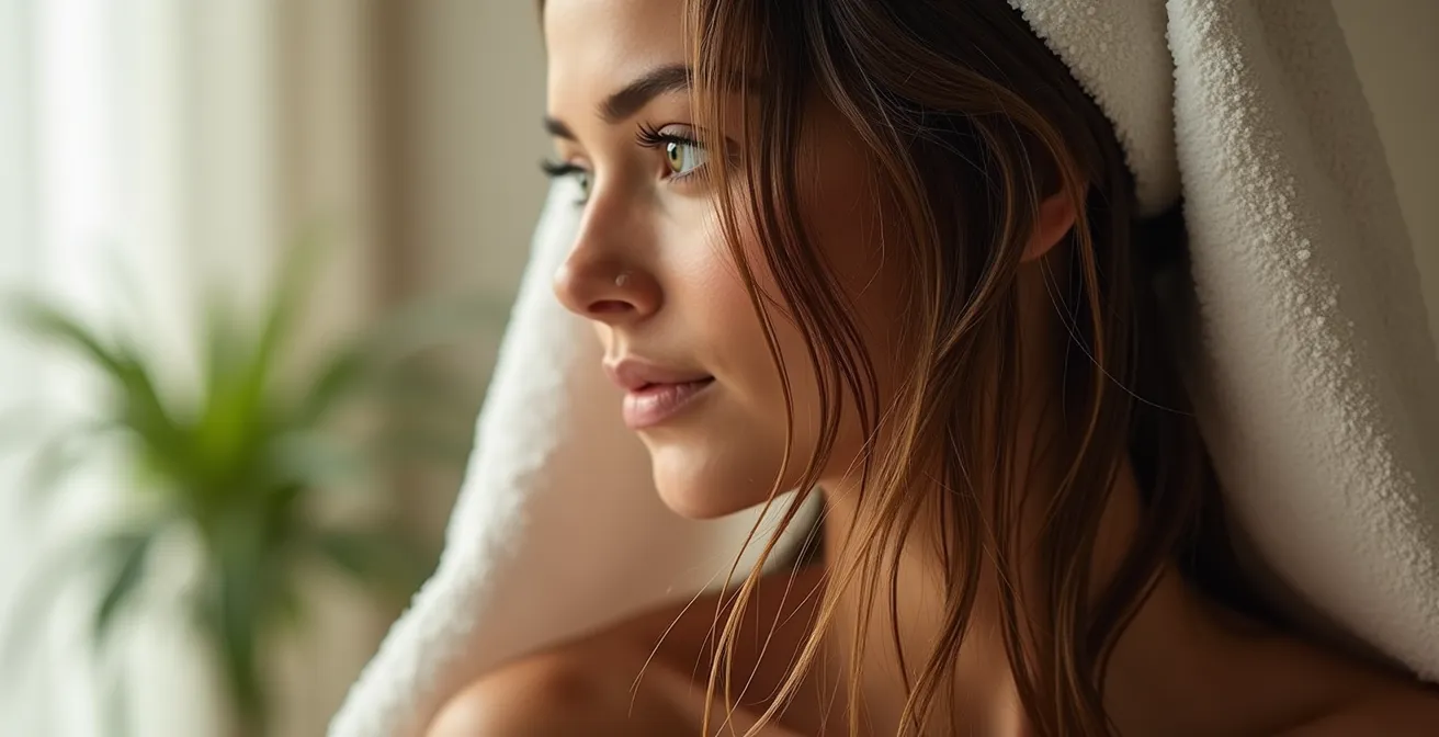 Technique de séchage des cheveux avec une serviette en bambou dans une salle de bain lumineuse