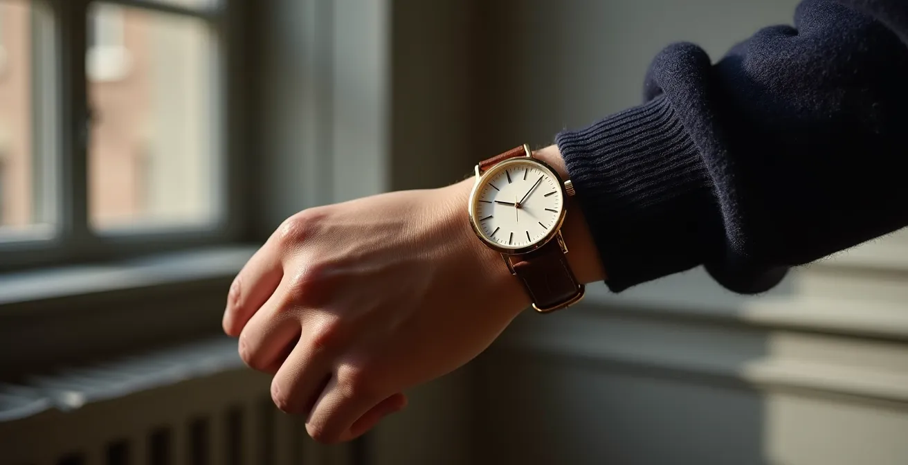 Vue latérale d'un poignet montrant la superposition d'une montre en cuir et d'une manchette dorée sur un pull