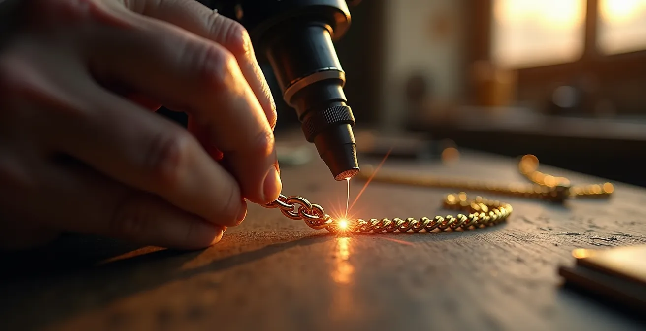 Gros plan macro sur une opération de soudure laser d'un maillon forçat dans un atelier de joaillerie, montrant la précision du travail artisanal