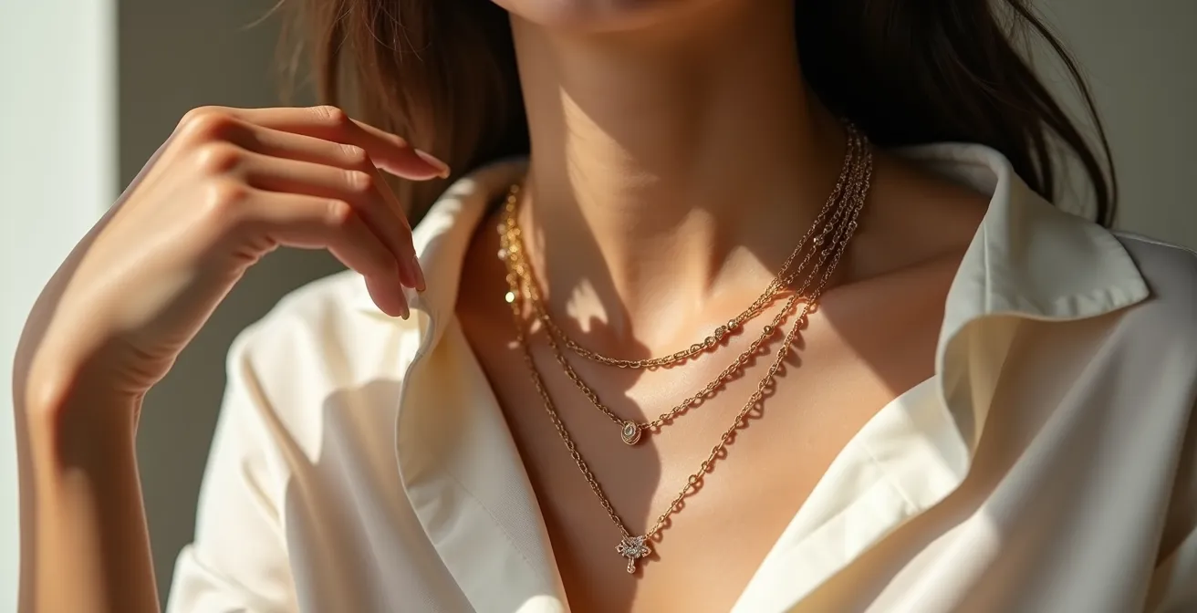 Démonstration de la technique de superposition de trois colliers fins dorés sur mannequin