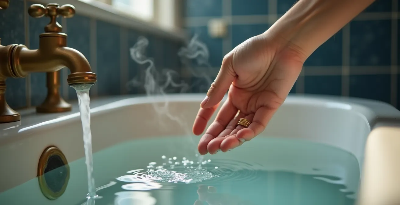 Main testant la température de l'eau du bain avec vapeur délicate