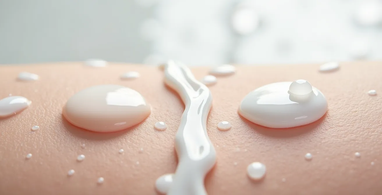 Comparaison visuelle de l'absorption d'une texture gel-crème sur peau exposée à l'eau dure