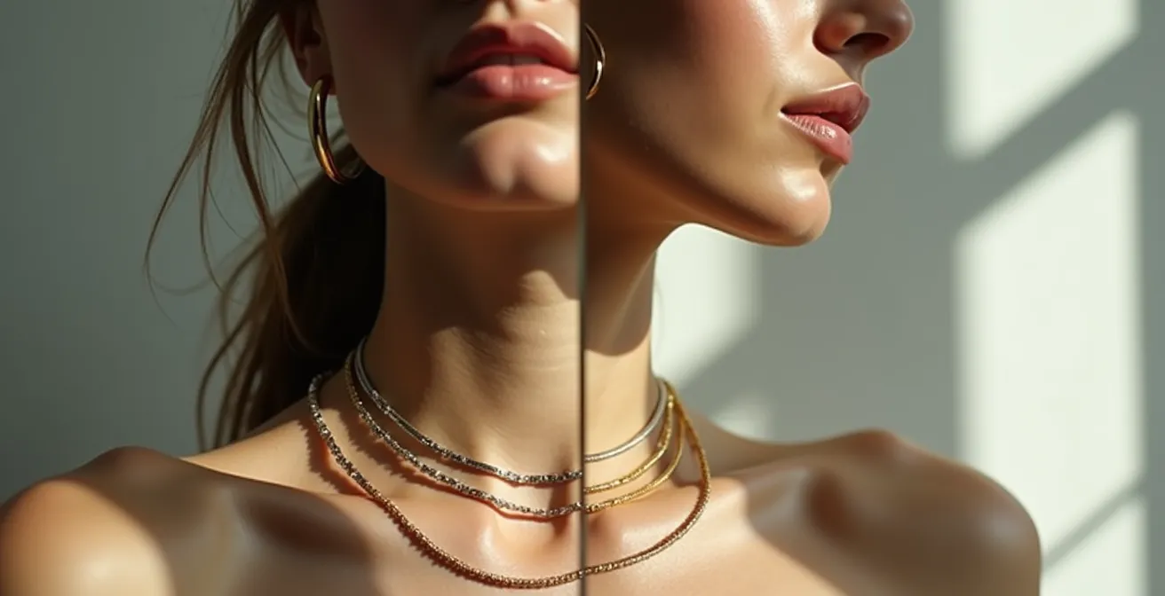 Femme comparant des bijoux dorés et argentés devant un miroir à la lumière naturelle