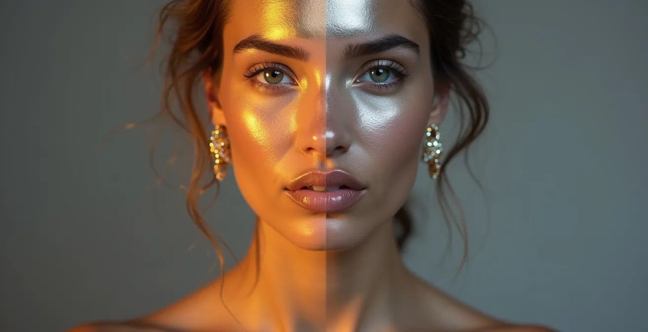 Comparaison de l'effet des bijoux dorés et argentés sur le teint du visage
