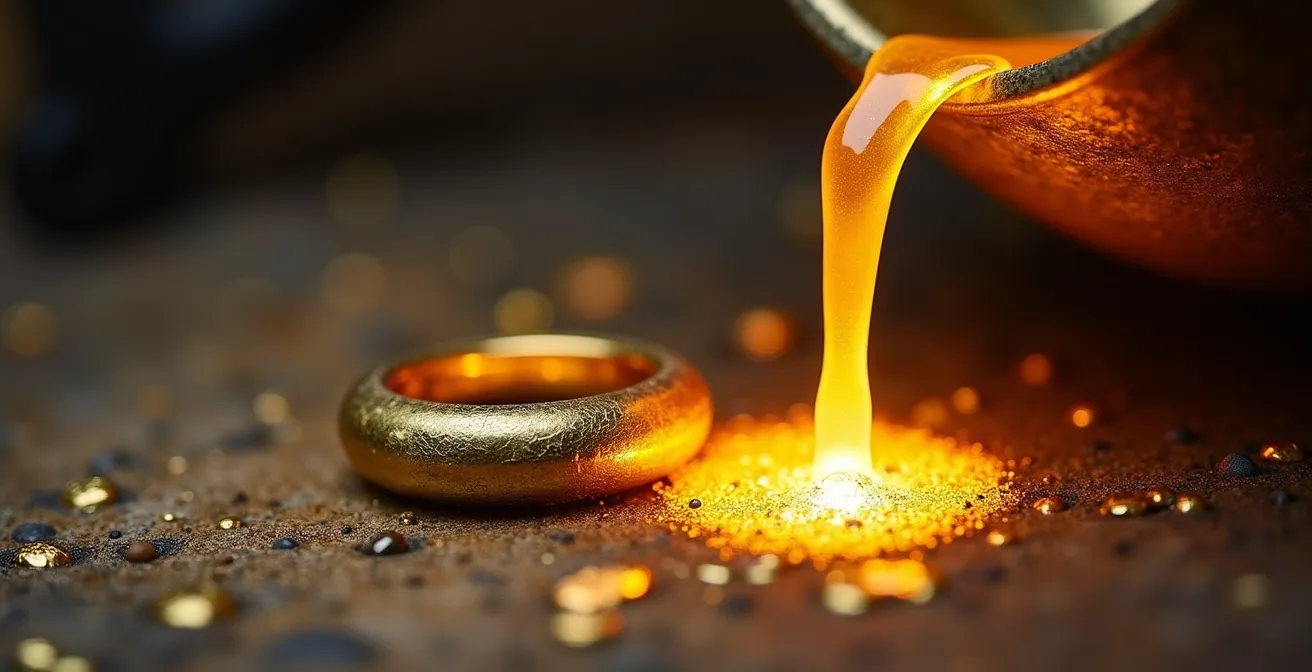 Vue macro détaillée du processus de fonte et transformation d'un bijou ancien en or dans un atelier d'orfèvrerie