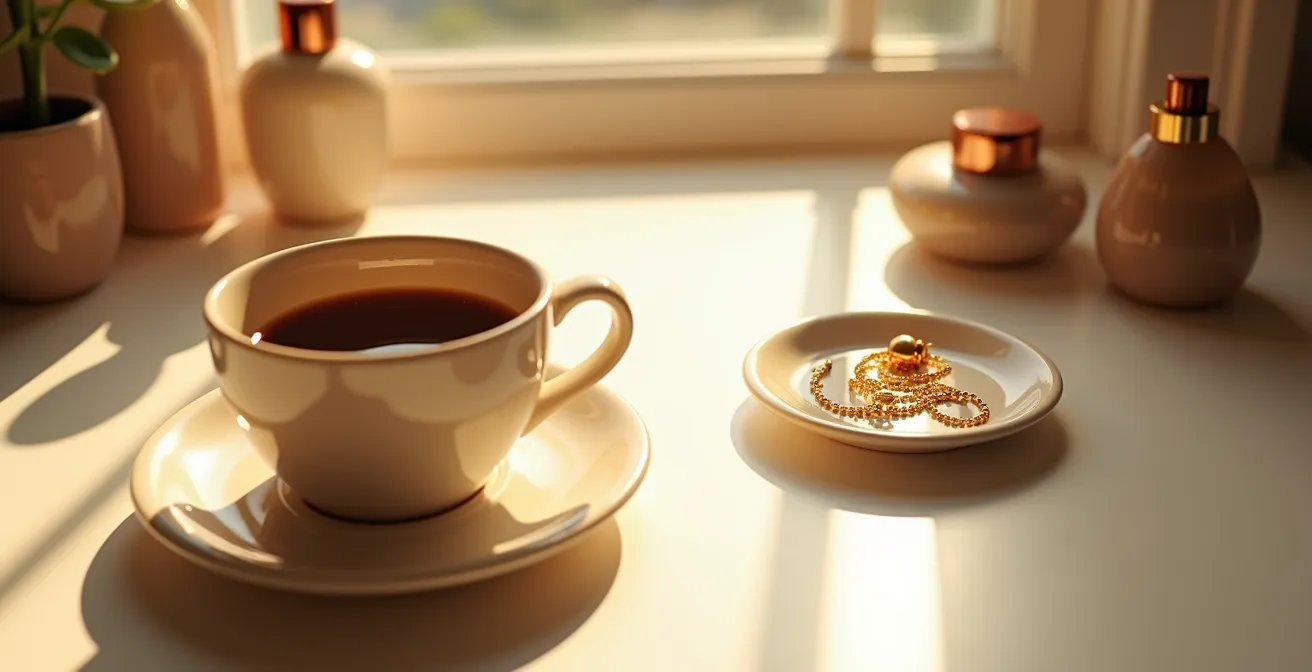 Table de toilette belge avec cosmétiques minimalistes et bijoux dorés, lumière matinale