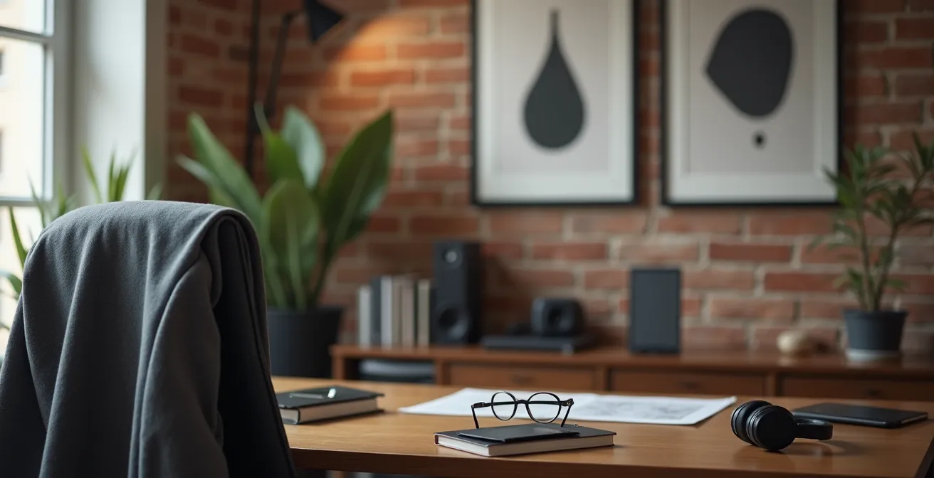 Environnement de télétravail professionnel avec arrière-plan soigné et accessoires distinctifs